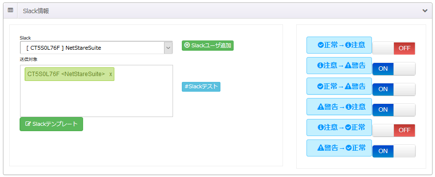 NetStare Suiteの設定画面。通知先のチャンネルIDや通知するアラートレベルなどを指定する。