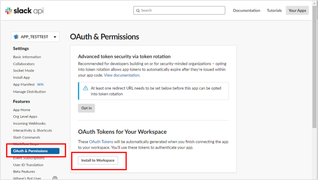事前準備_「OAuth & Permissions」＞「OAuth Tokens for Your Workspace」＞「Install to Workspace」を押下