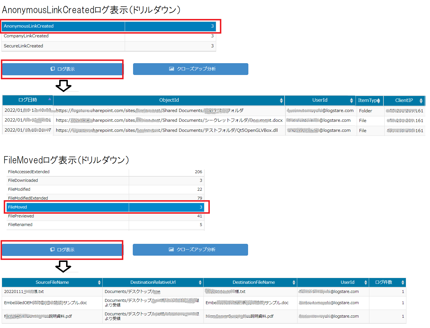 AnonymousLinkCreatedとFileMovedのログを表示する画面