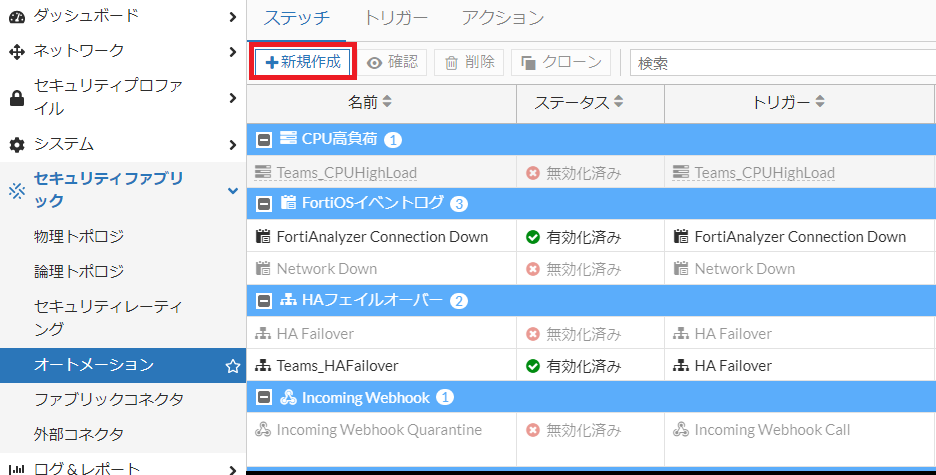 [セキュリティファブリック] > [オートメーション] > [ステッチ]から新規作成を押下